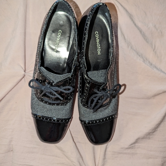 Covington Sheena Black Patent Gray Oxford Block Heel Laces Size 8 Dark Academia - Picture 6 of 10